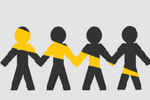 Conference logo, 4 stick figure silhouettes holding hands, a long acute yellow triangle goes across all their bodies representing connectedness.
